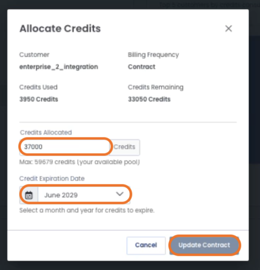 Allocate credits for enterprise integration with details on usage and expiration date.
